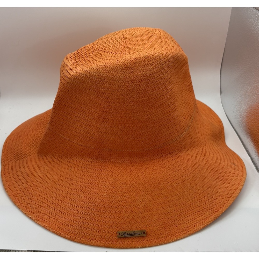 Borsalino Orange Straw Fedora Wide Brim Sun Hat Made in Italy Luxury Summer Fold